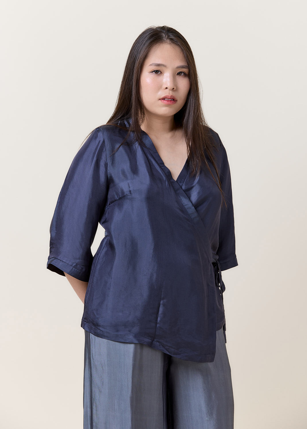 Grey Kimono Wrap Shirt