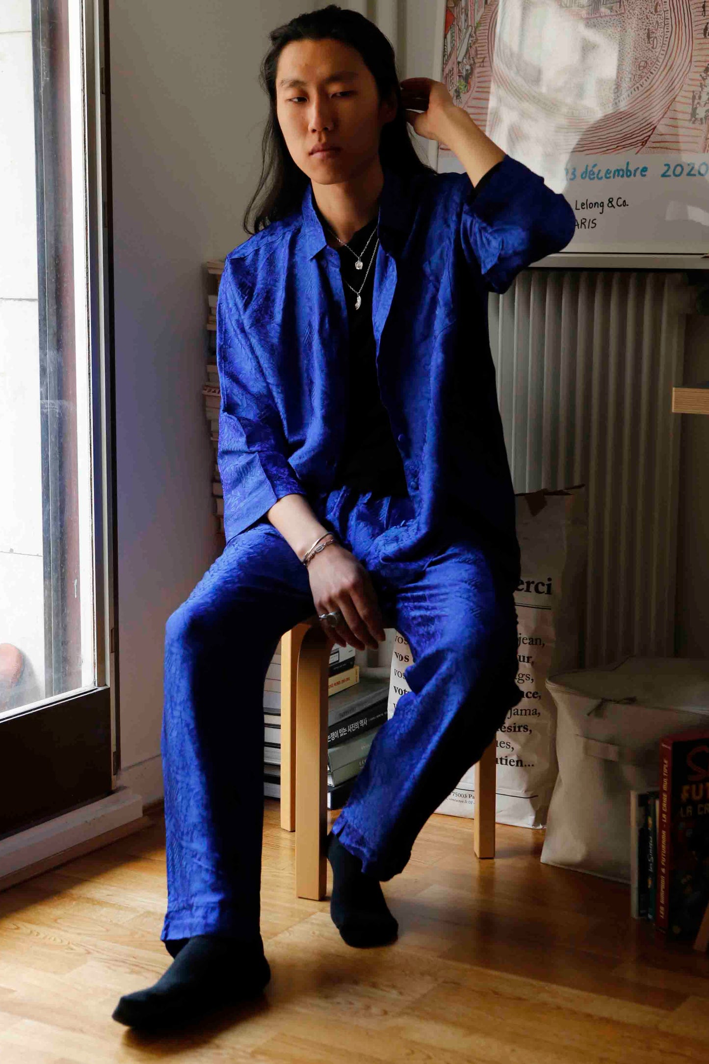 Blue silk pants with motifs "Hỷ"