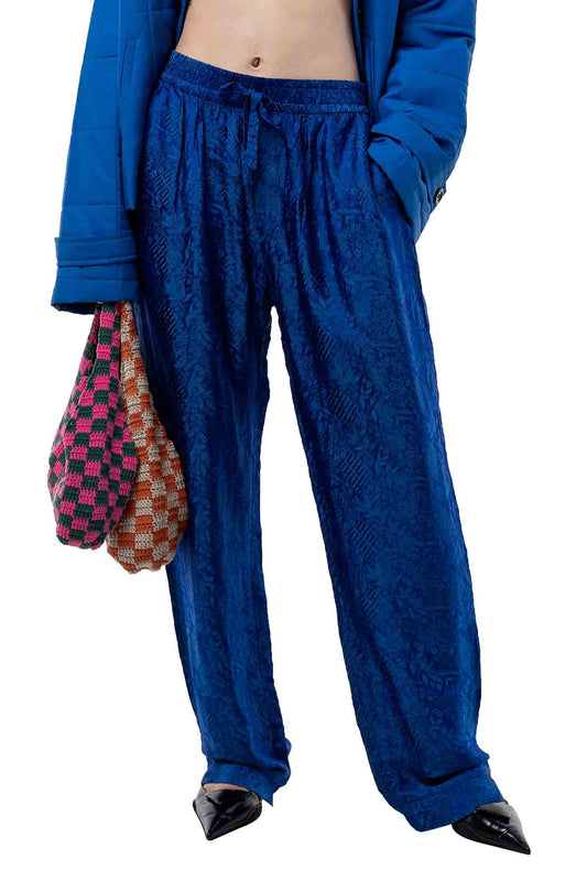Blue silk pants with motifs "Hỷ"