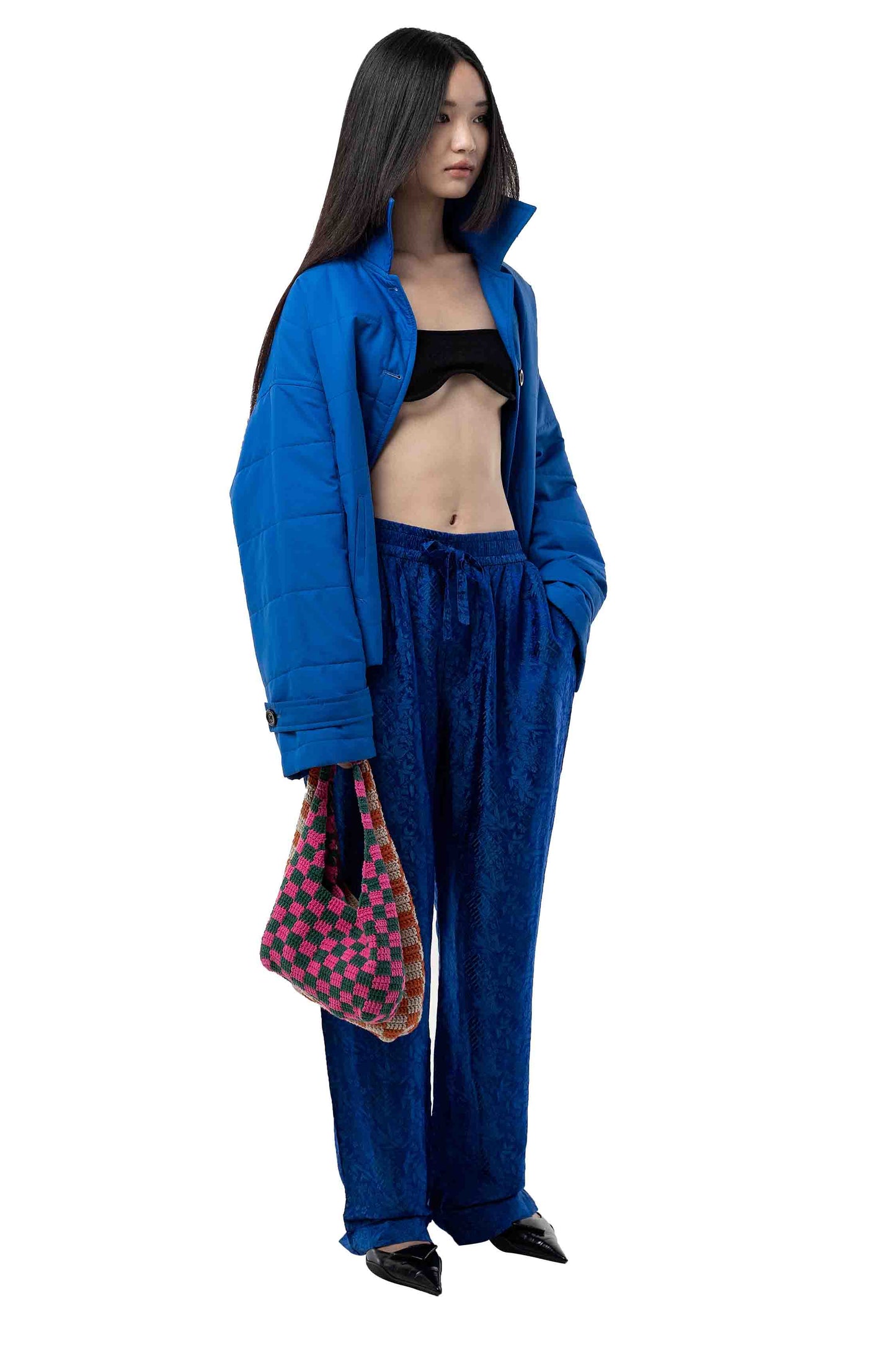 Blue silk pants with motifs "Hỷ"
